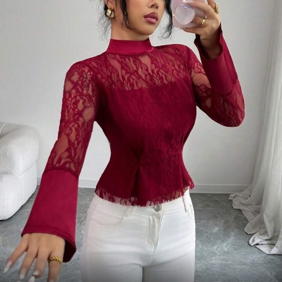 Luxe Burgundy Lave Bell Sleeve Tie Neck Blouse - Picture 5 of 7